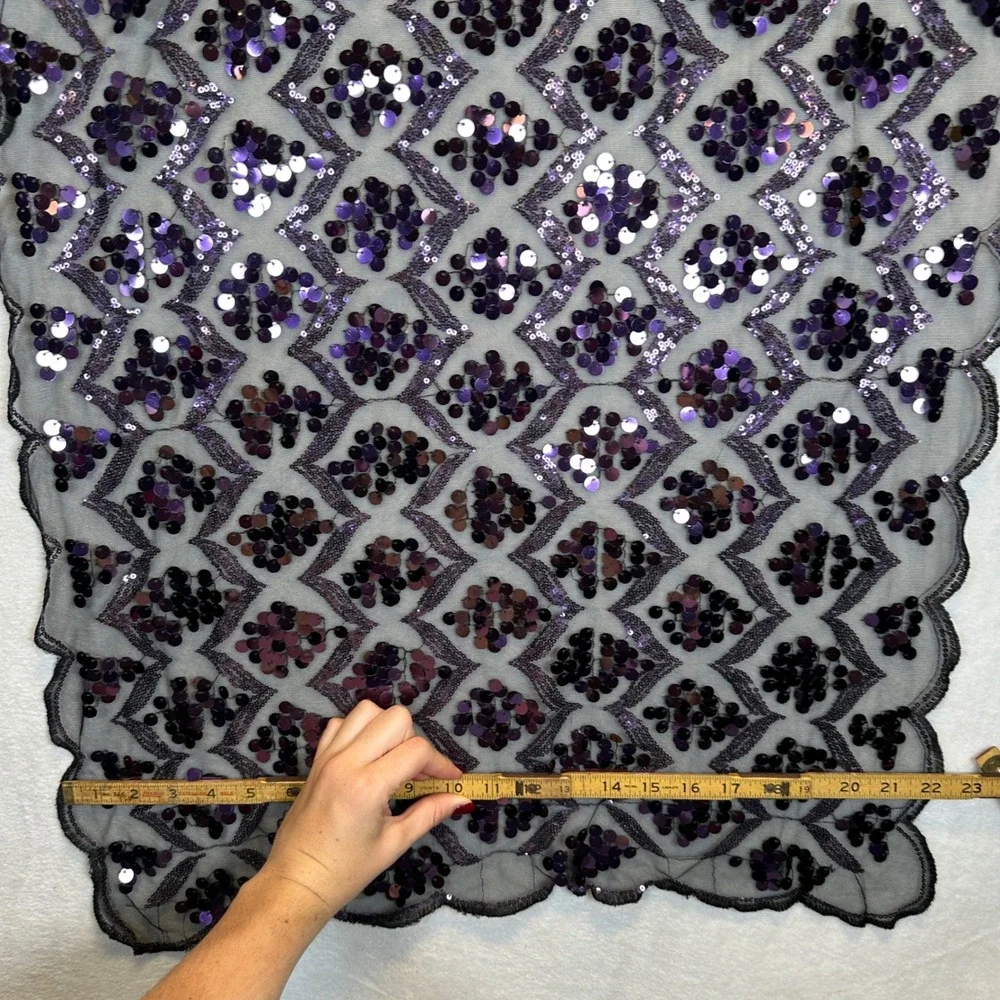 Vintage Style Black Mesh Purple Sequin Scalloped Edge Evening Wrap Shawl Scarf